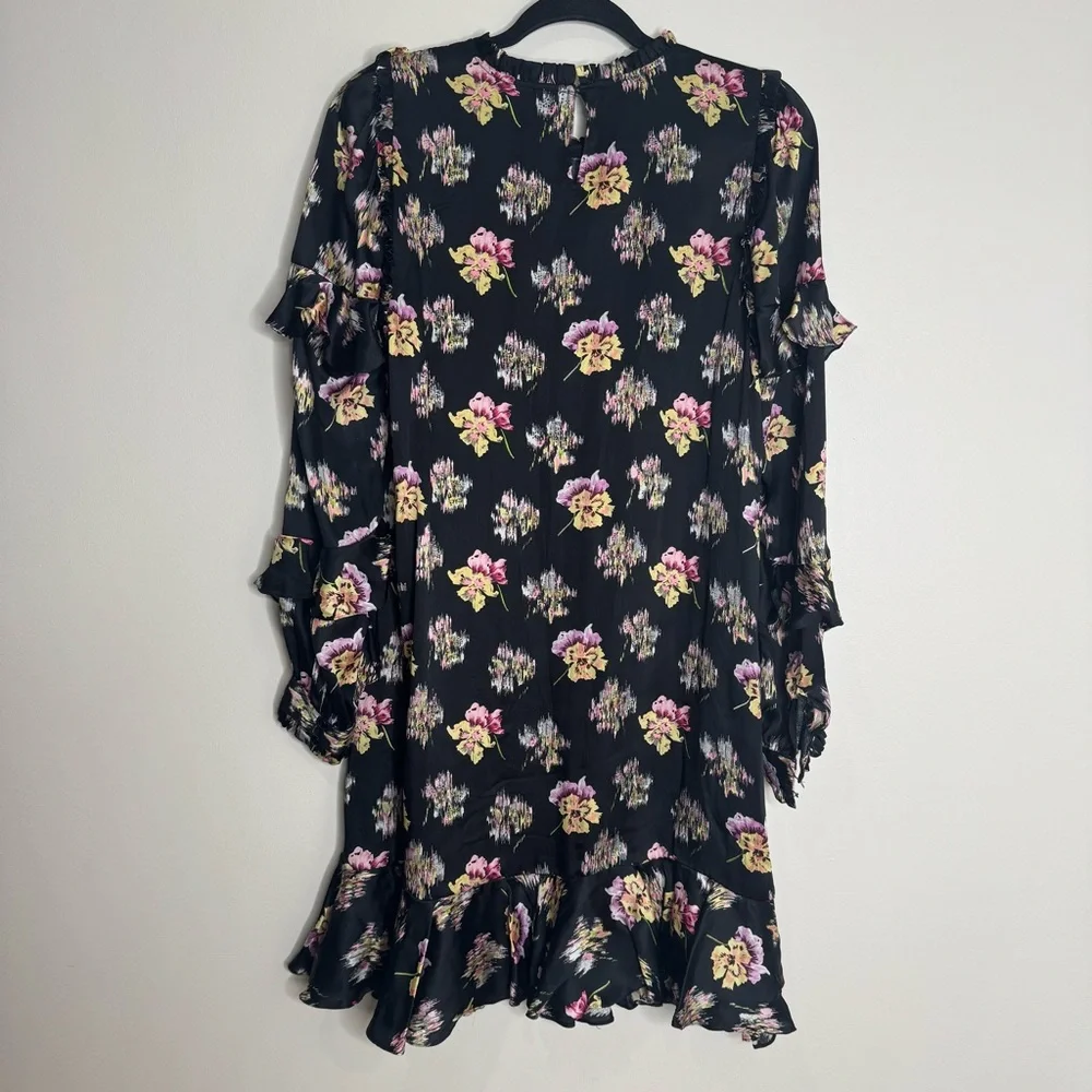 Needle & Thread Black Floral Ruffle Long Sleeve Mini Dress Size 10 Dark Romantic
